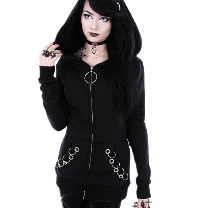 All-Day Comfort Women's Gothic Punk Iron Ring Long Sleeve Zip-up Black Jacket