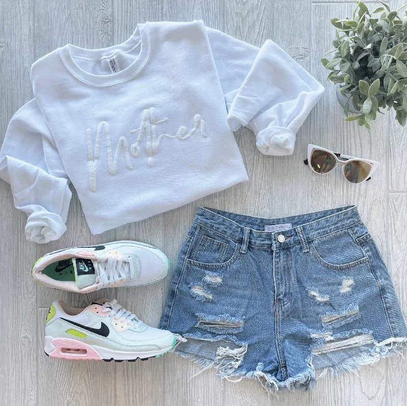 Casual Chic Mother Script • Embossed White Pullover