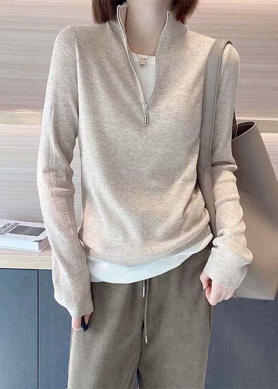 All-Day Wear Women Apricot Stand Collar Zip Up Patchwork Knit Top Fall