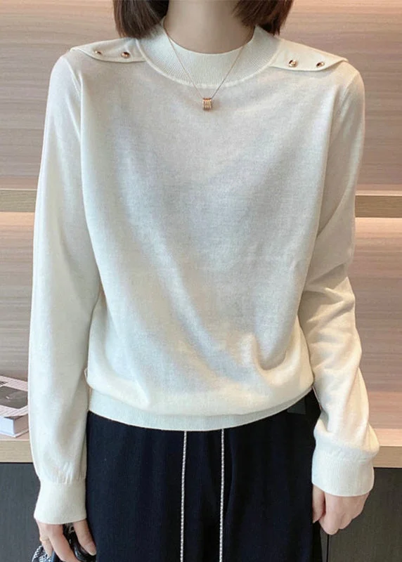 Comfy Pants Simple Beige O Neck Patchwork Cozy Cotton Knit Tops Long Sleeve
