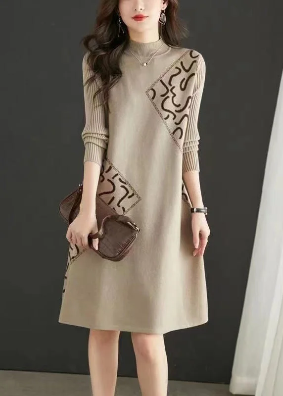 Free And Comfortable Fitted Beige Stand Collar Zircon Patchwork Knit Dress Fall