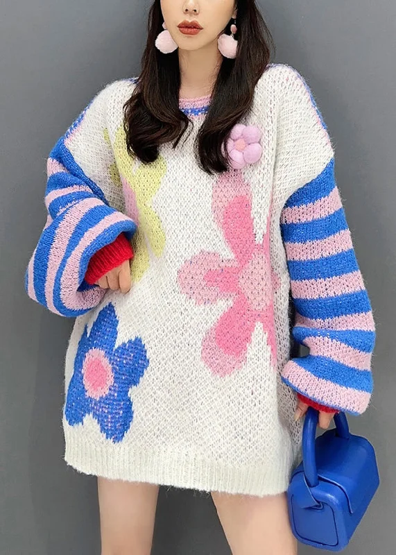 Comfortable Fashion French Blue O Neck Hollow Out Patchwork Cozy Knit Top Fall