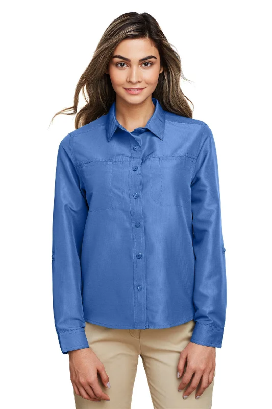 Elegant Dressing Harriton Womens Key West Performance Moisture Wicking Long Sleeve Button Down Shirt w/ Pocket - Pool Blue