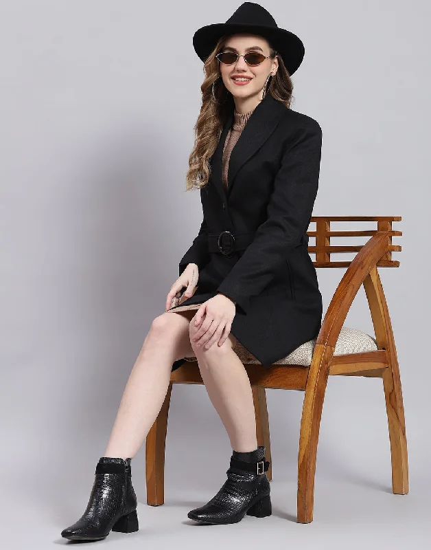 Mid-length Style Women Black Solid Lapel Collar Full Sleeve Coat