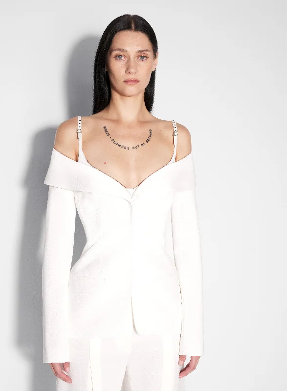 Low-key Luxury white sculptural off-shoulder jacket