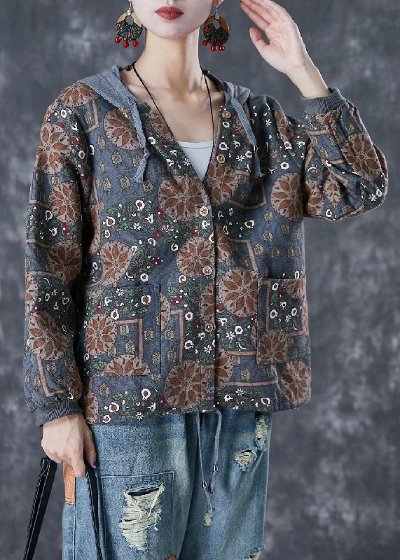Fashion Innovation Blue Grey Patchwork Cotton Jackets Hooded Print Fall