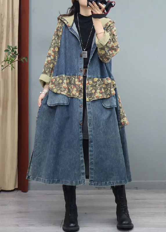 High Street Fashion Blue Print Button Patchwork Denim Coat Asymmetrical Long Sleeve