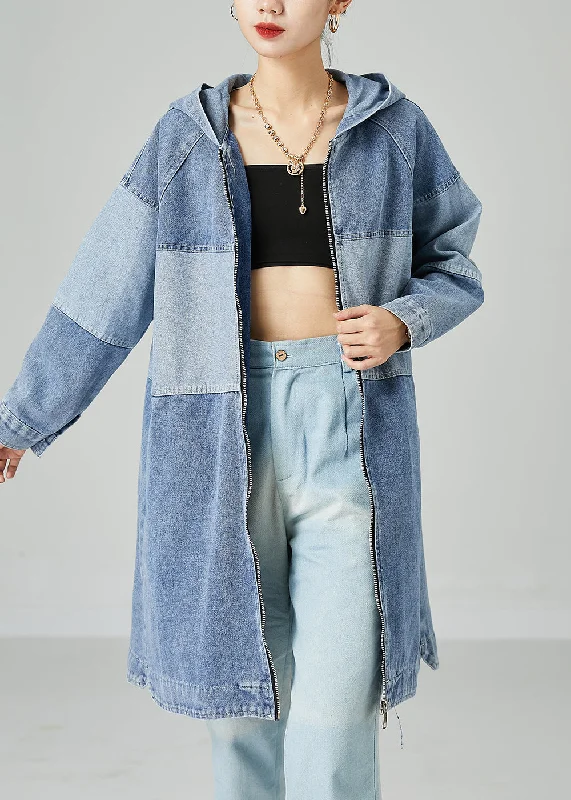 Casual Comfort Bohemian Light Blue Oversized Patchwork Cotton Denim Coat Spring