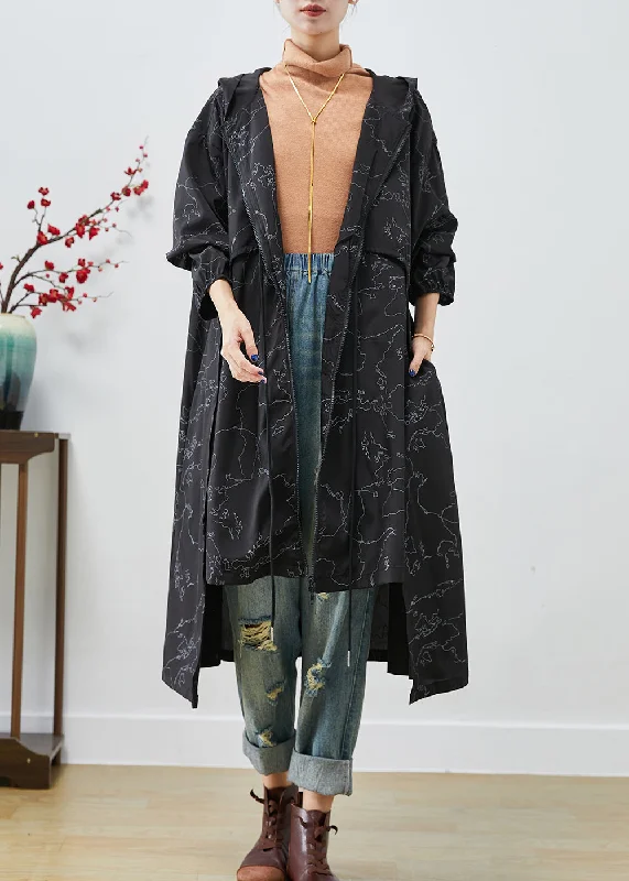 Casual Wear Boho Black Asymmetrical Print Drawstring Spandex Trench Coats Fall