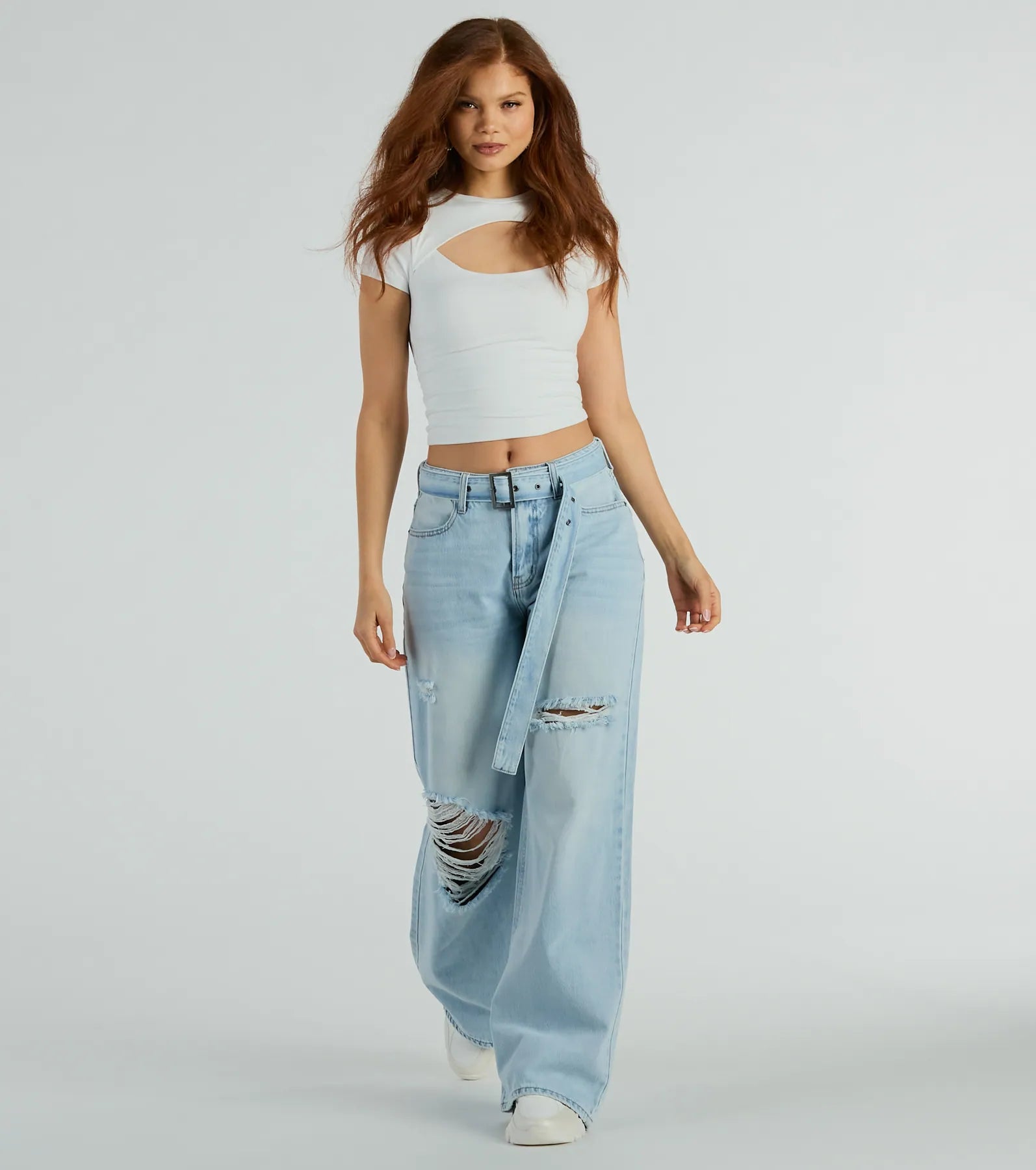 Celebrity Style Cool Vibes High-Rise Belted Destructed Wide-Leg Jeans