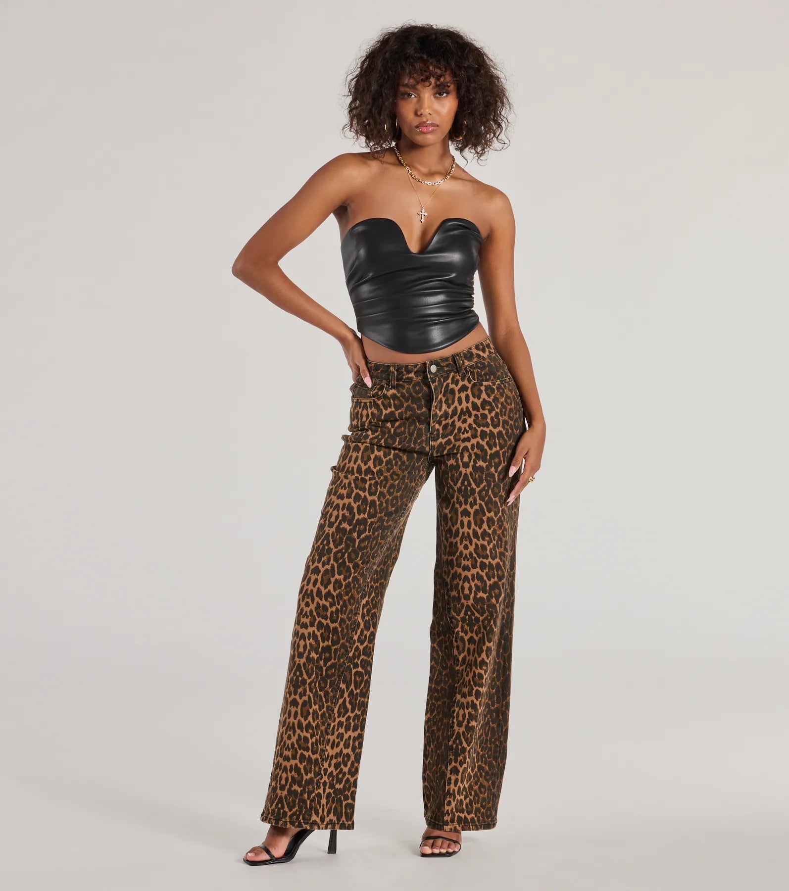 New Season Series Fierce Aura Wide Leg Leopard Print Denim Jeans