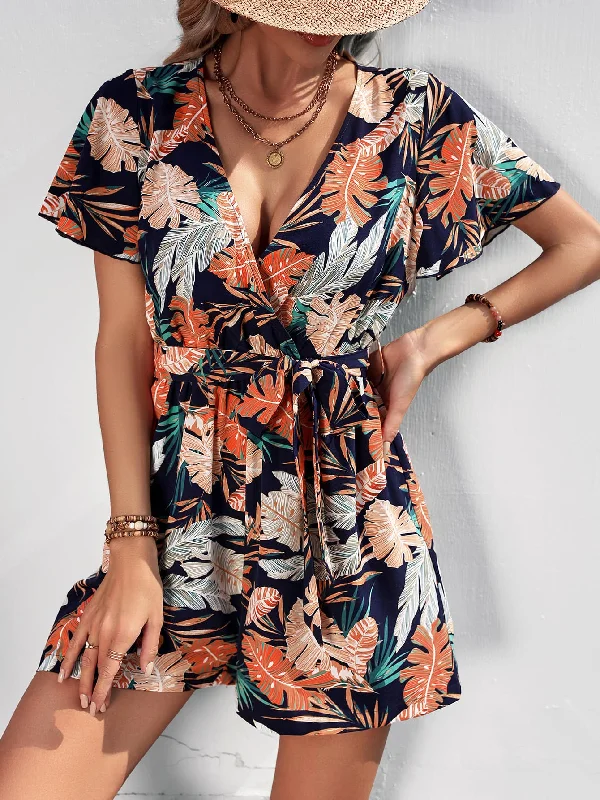 Basic Comfort Botanical Print Surplice Neck Tie Waist Romper