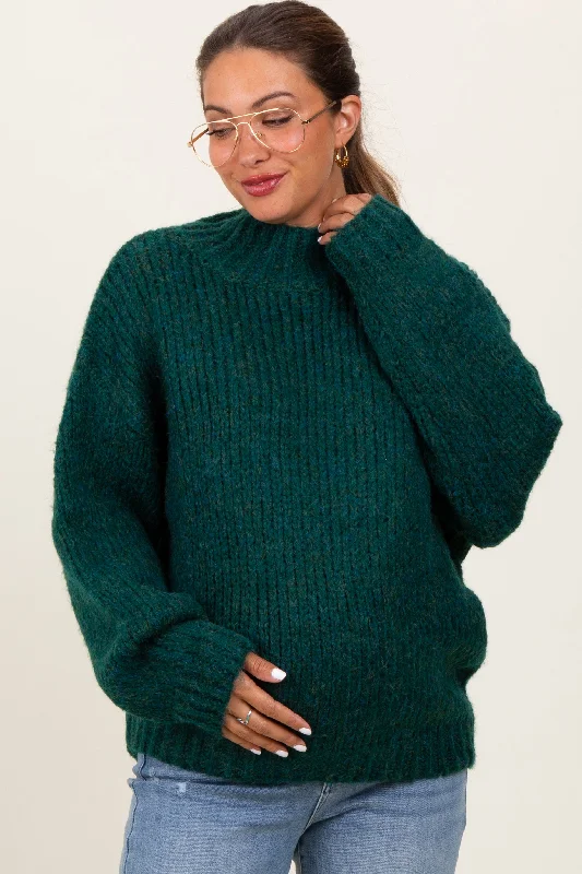 Playful Style Forest Green Chunky Knit Mock Neck Maternity Sweater