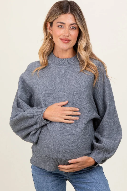 Embroidered Letters Grey Oversized Bubble Sleeve Maternity Sweater