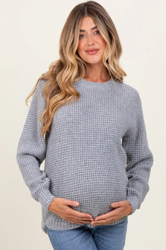 Fashionable Comfort Heather Grey Waffle Knit Rounded Hem Maternity Sweater