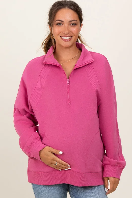 Comfortable And Simple Pink Half Zip Contrast Rib Sweatshirt Maternity Top